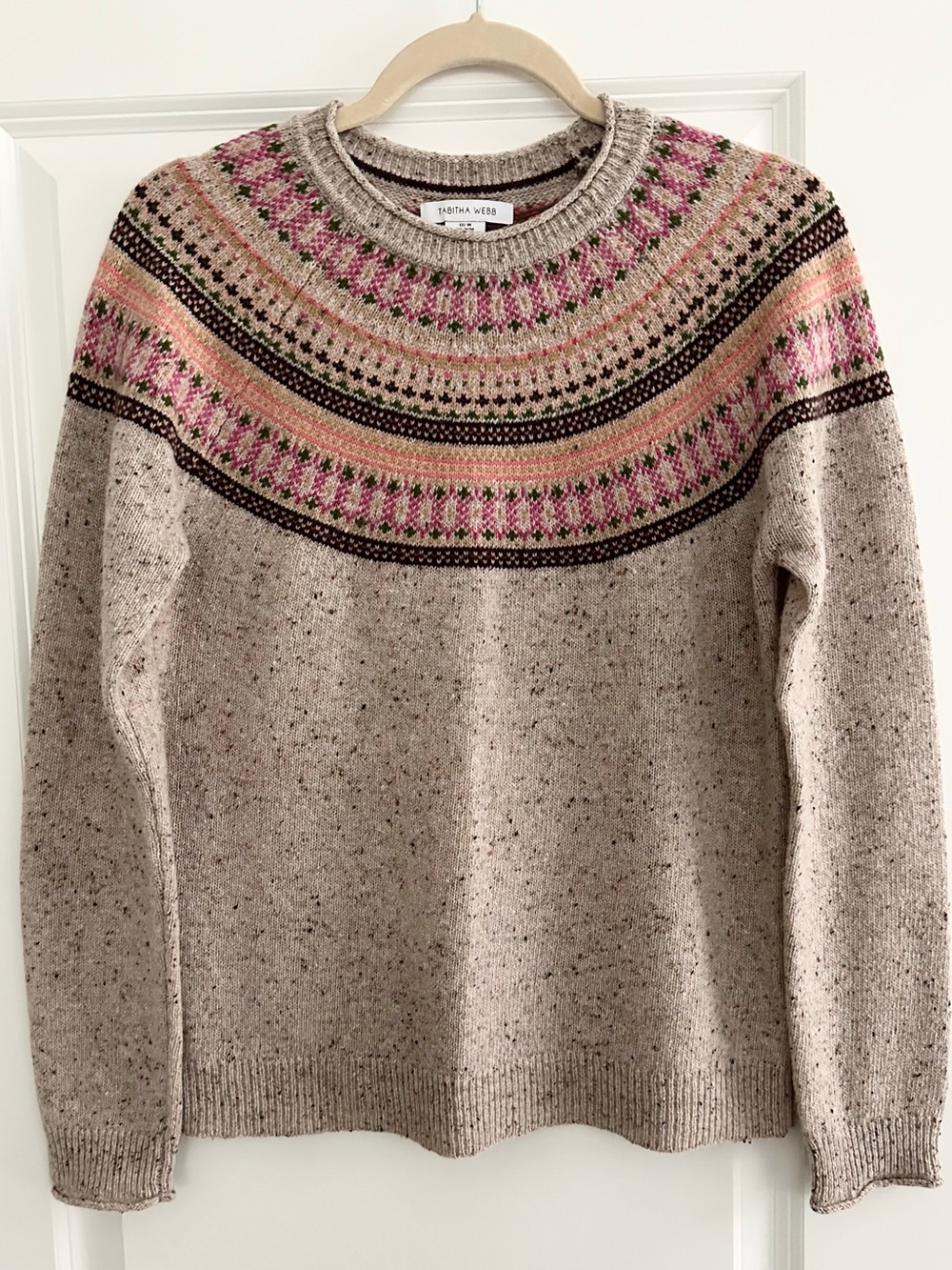 Lambswool Fair Isle Speckled Knit Crewneck Sweater -Tabitha Webb Oatmeal /Beige